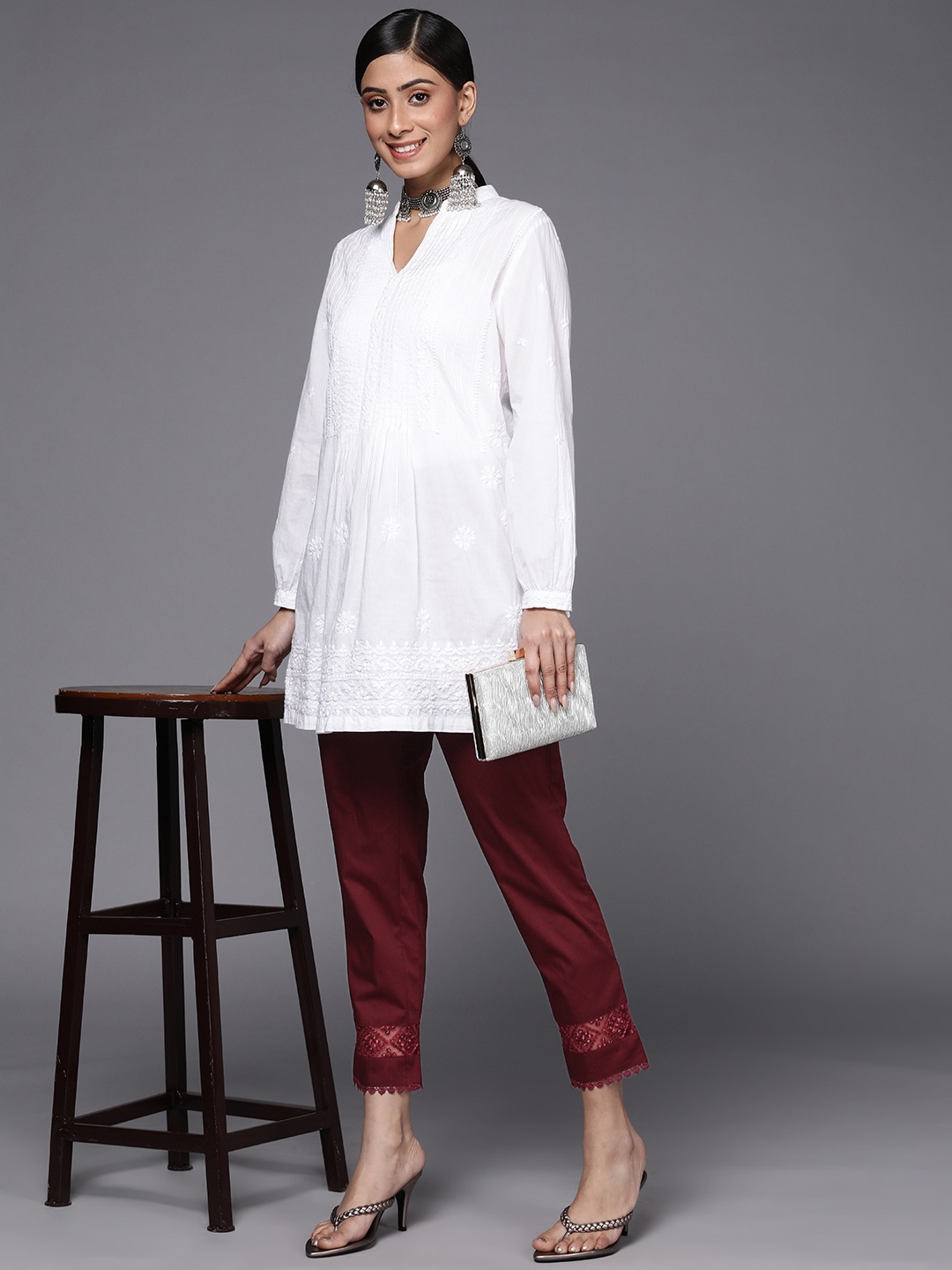 

Libas Women Maroon Pure Cotton Cropped Trousers with Lace Details at Hem