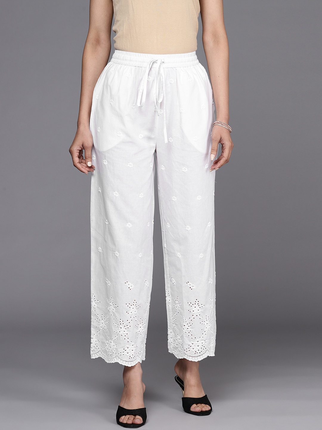 

Libas Women White Embroidered Pure Cotton Ethnic Palazzos