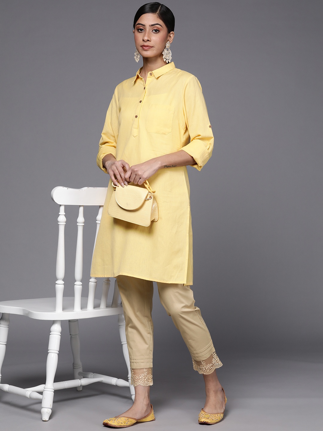 

Libas Women Beige Pure Cotton Trousers with Lace Details at Hem