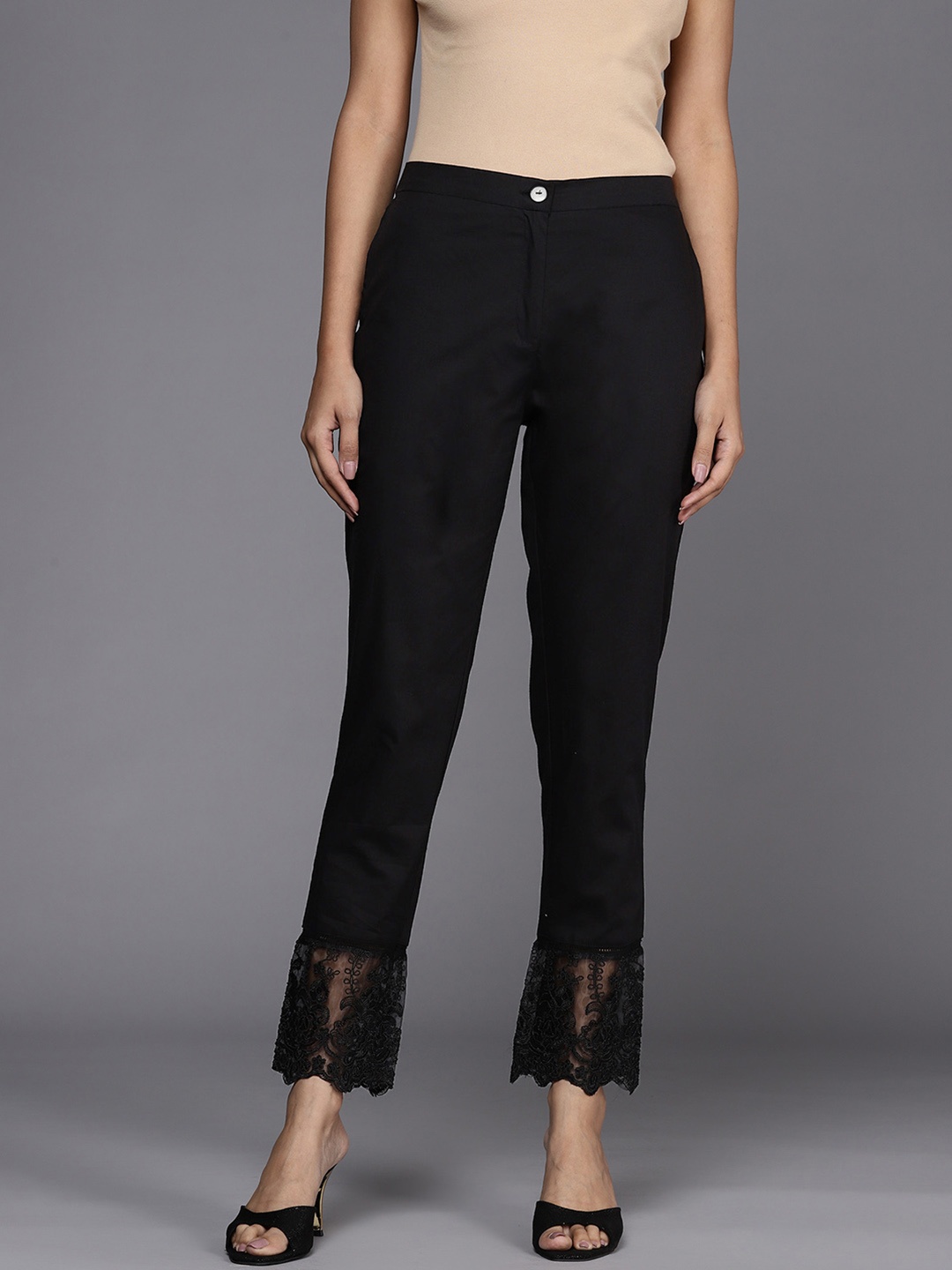 

Libas Women Black Solid Straight Fit Pure Cotton Trousers with Lace Inserts Detail