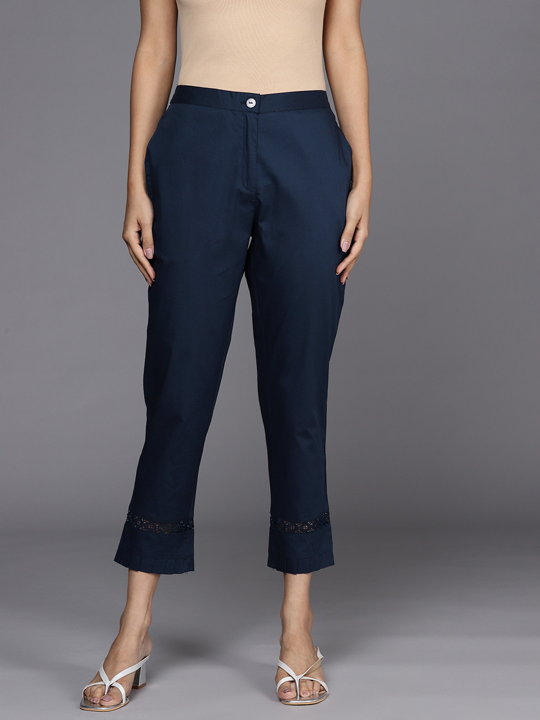 

Libas Women Navy Blue Straight Fit Pure Cotton Trousers