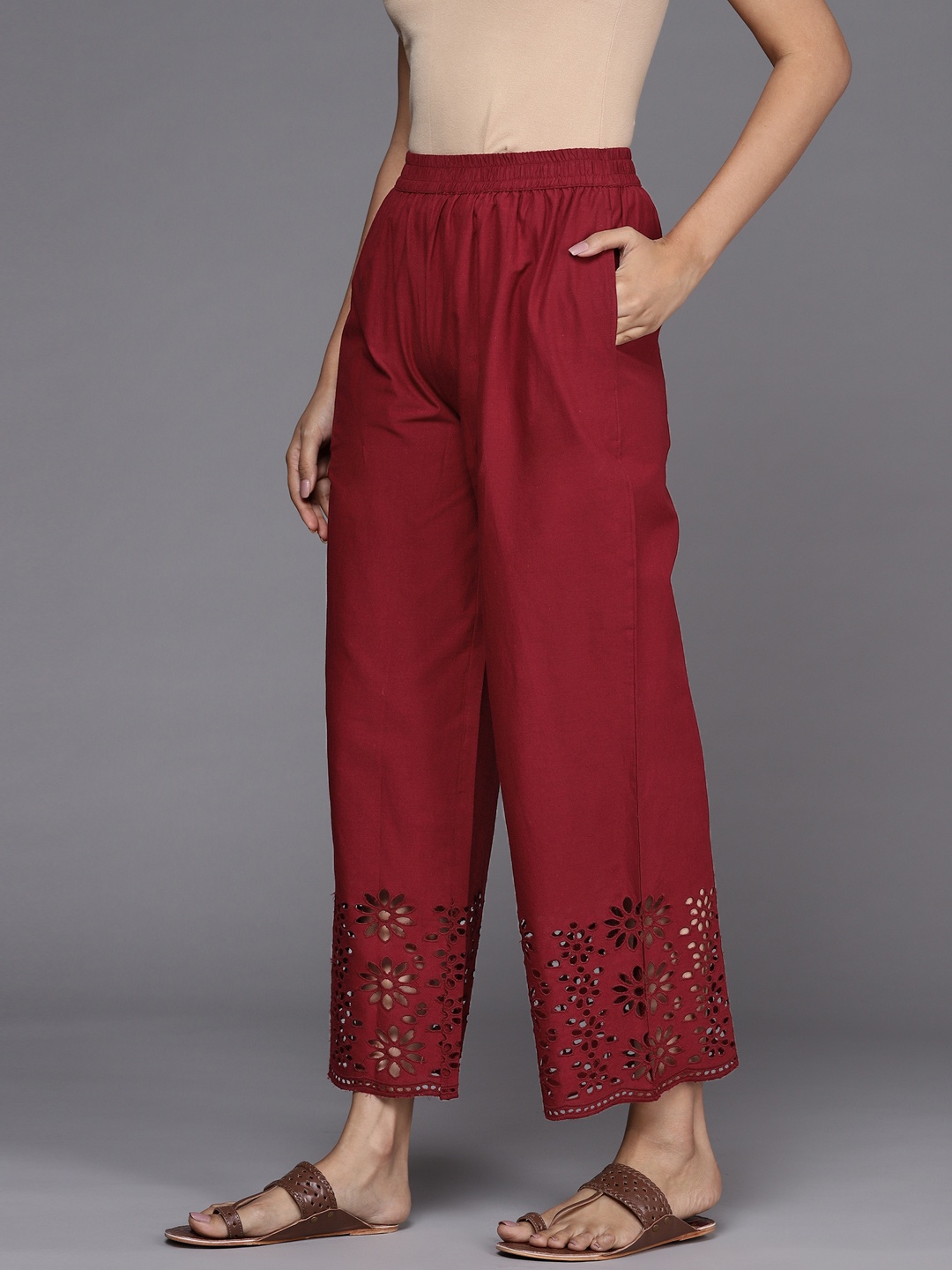 

Libas Women Maroon Schiffli Detail Pure Cotton Ethnic Palazzos