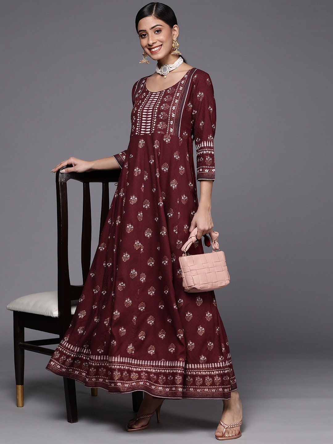 

Libas Maroon & White Ethnic Motifs Ethnic Maxi Dress