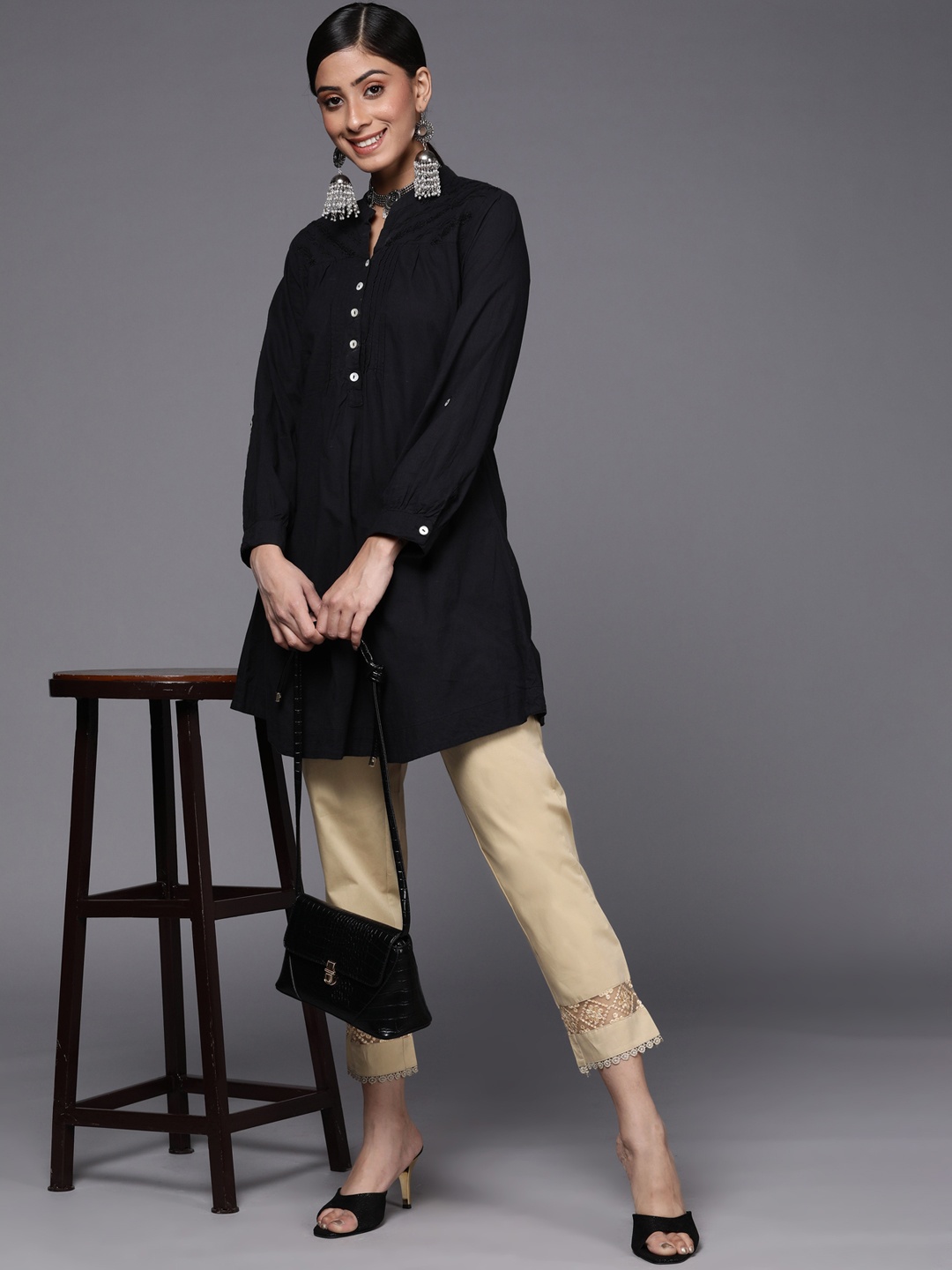 

Libas Women Beige Pure Cotton Trousers with Lace Details at Hem