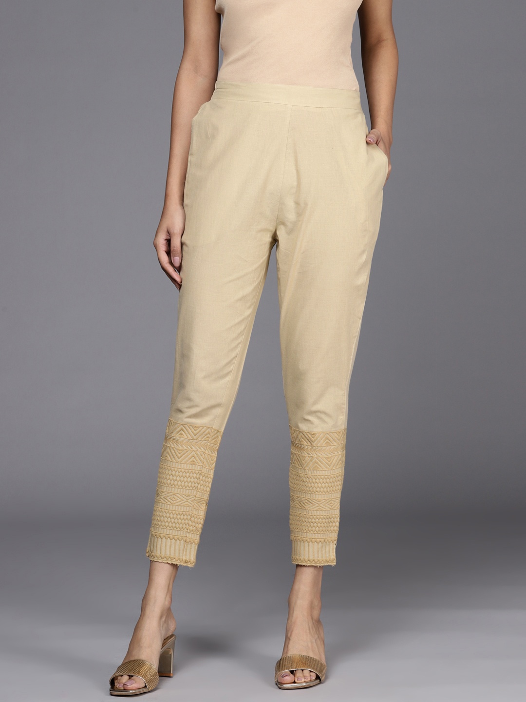 

Libas Women Beige Embroidered Straight Fit Pure Cotton Trousers