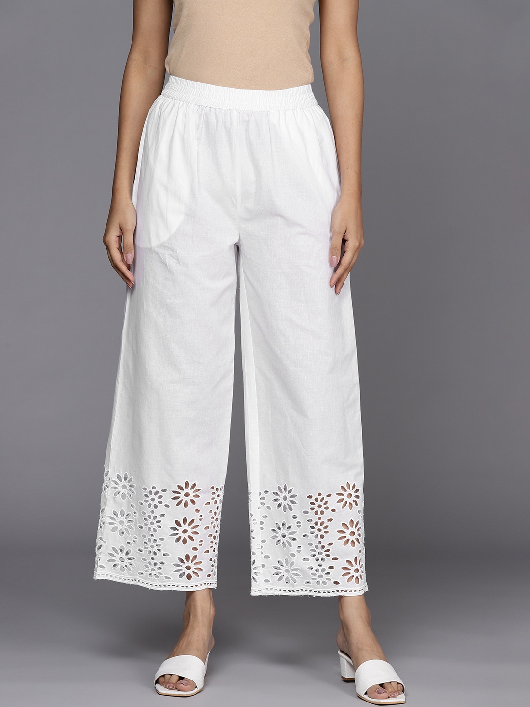 

Libas Women Off White Schiffli Pure Cotton Ethnic Palazzos