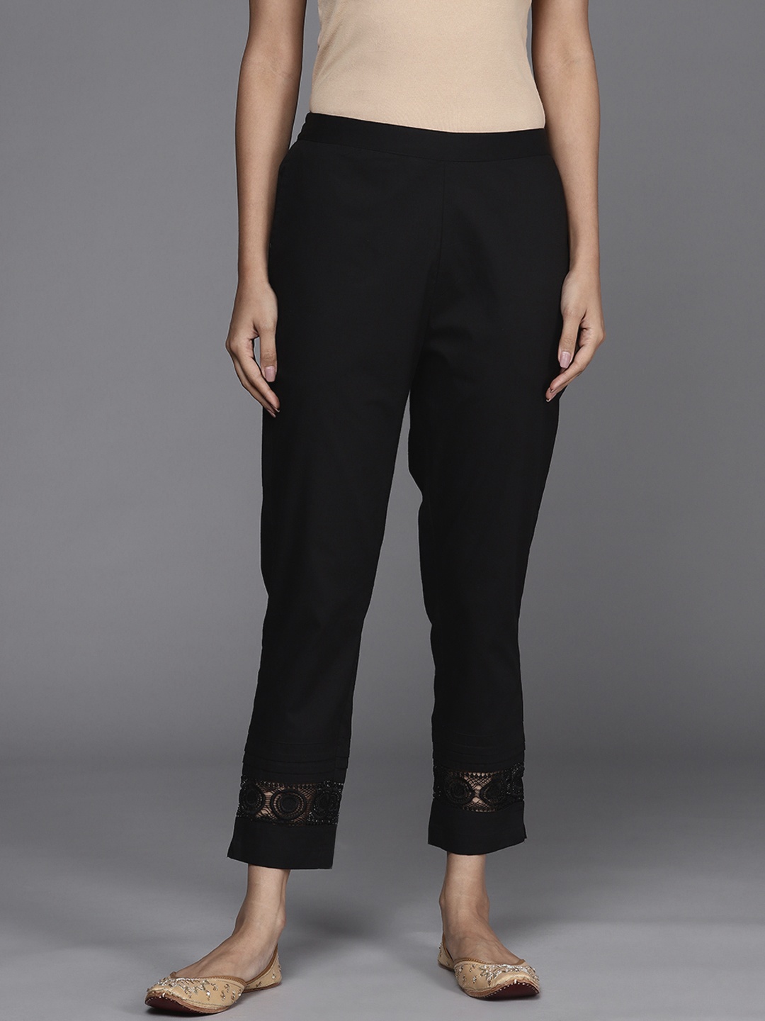 

Libas Women Black Solid Straight Fit Pure Cotton Trousers