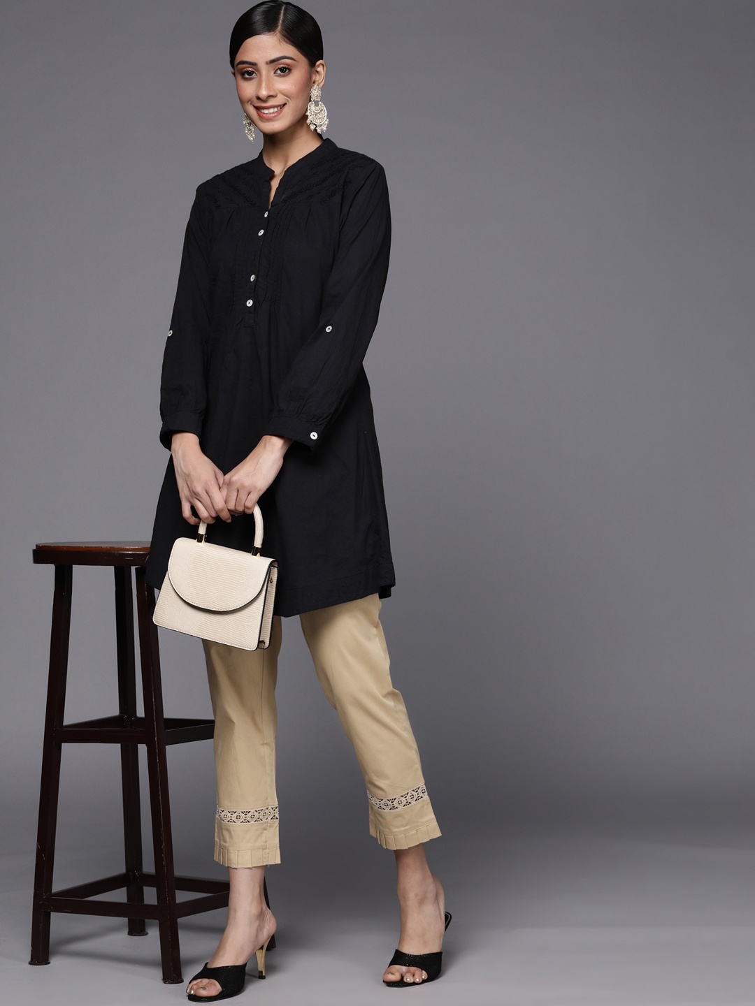 

Libas Women Beige Pure Cotton Trousers with Lace Details at Hem