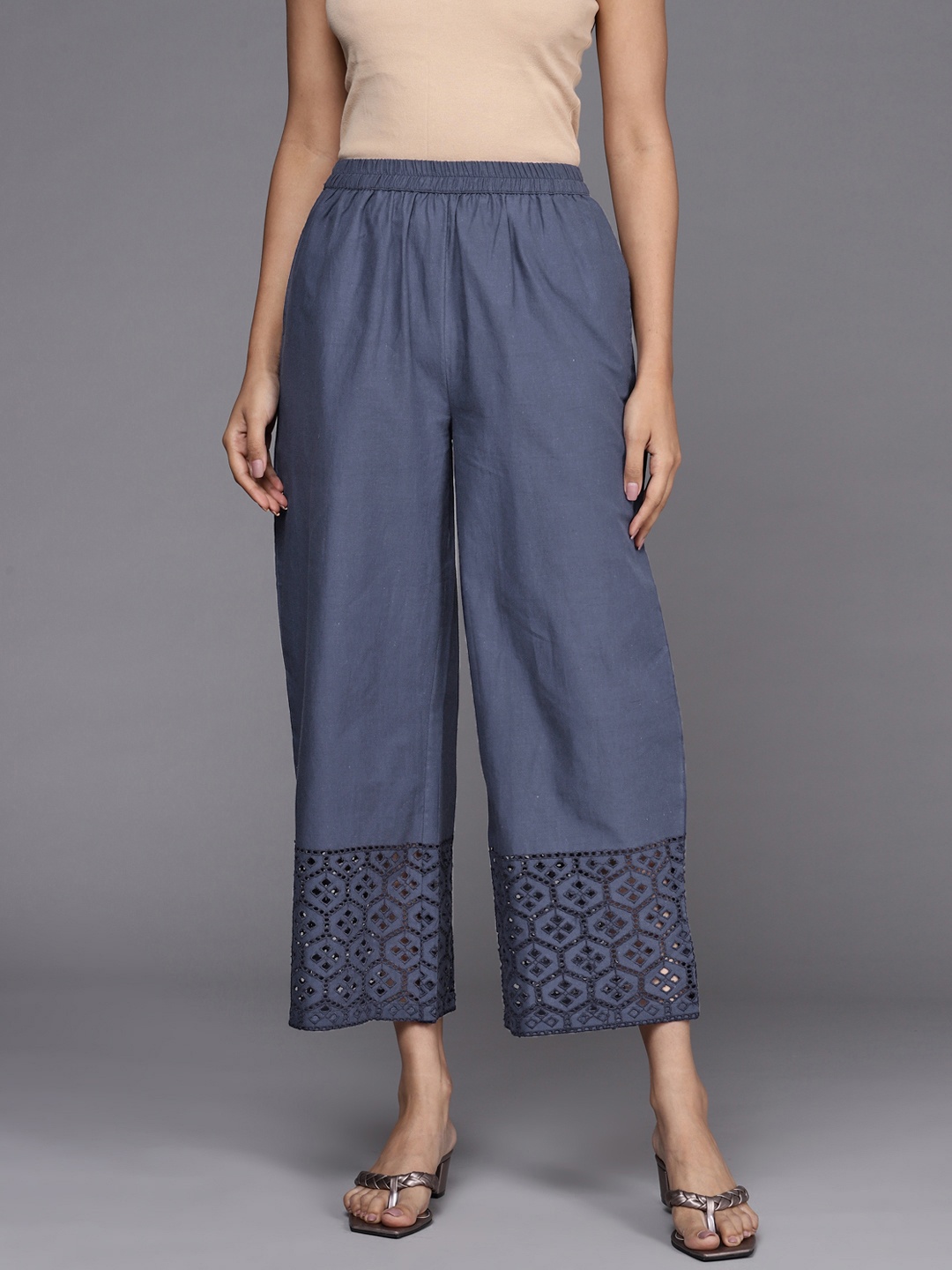 

Libas Women Blue Schiffli Detail Pure Cotton Ethnic Palazzos