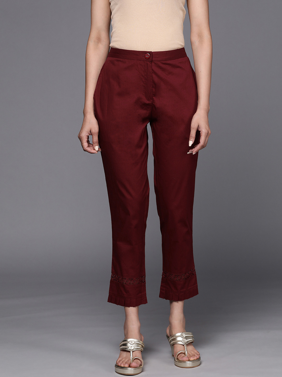 

Libas Women Maroon Pure Cotton Trousers with Lace Details at Hem