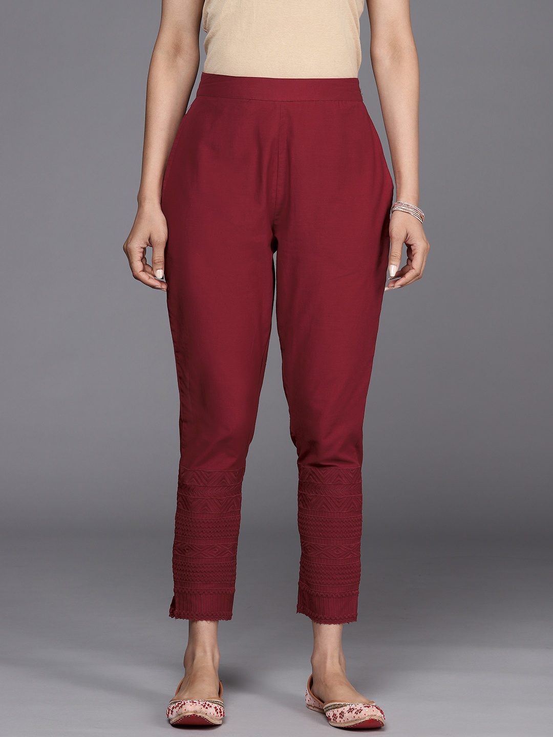 

Libas Women Maroon Embroidered Straight Fit Pure Cotton Trousers
