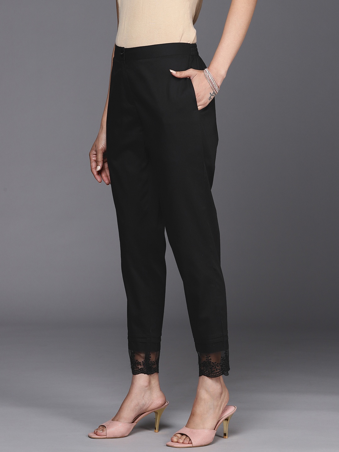 

Libas Women Black Straight Fit Pure Cotton Trousers with Lace Inserts