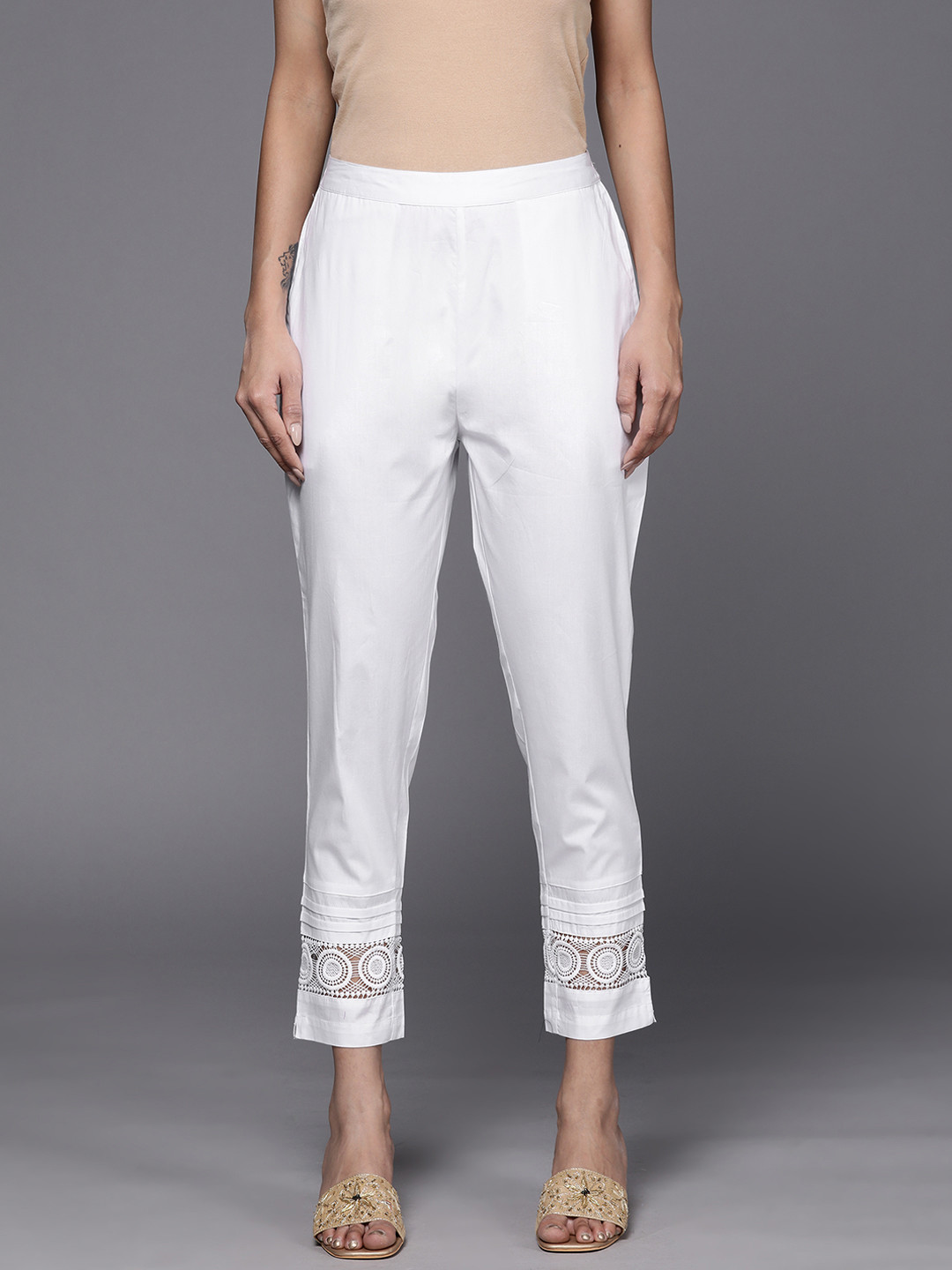 

Libas Women White Pure Cotton Trousers with Designed Hem
