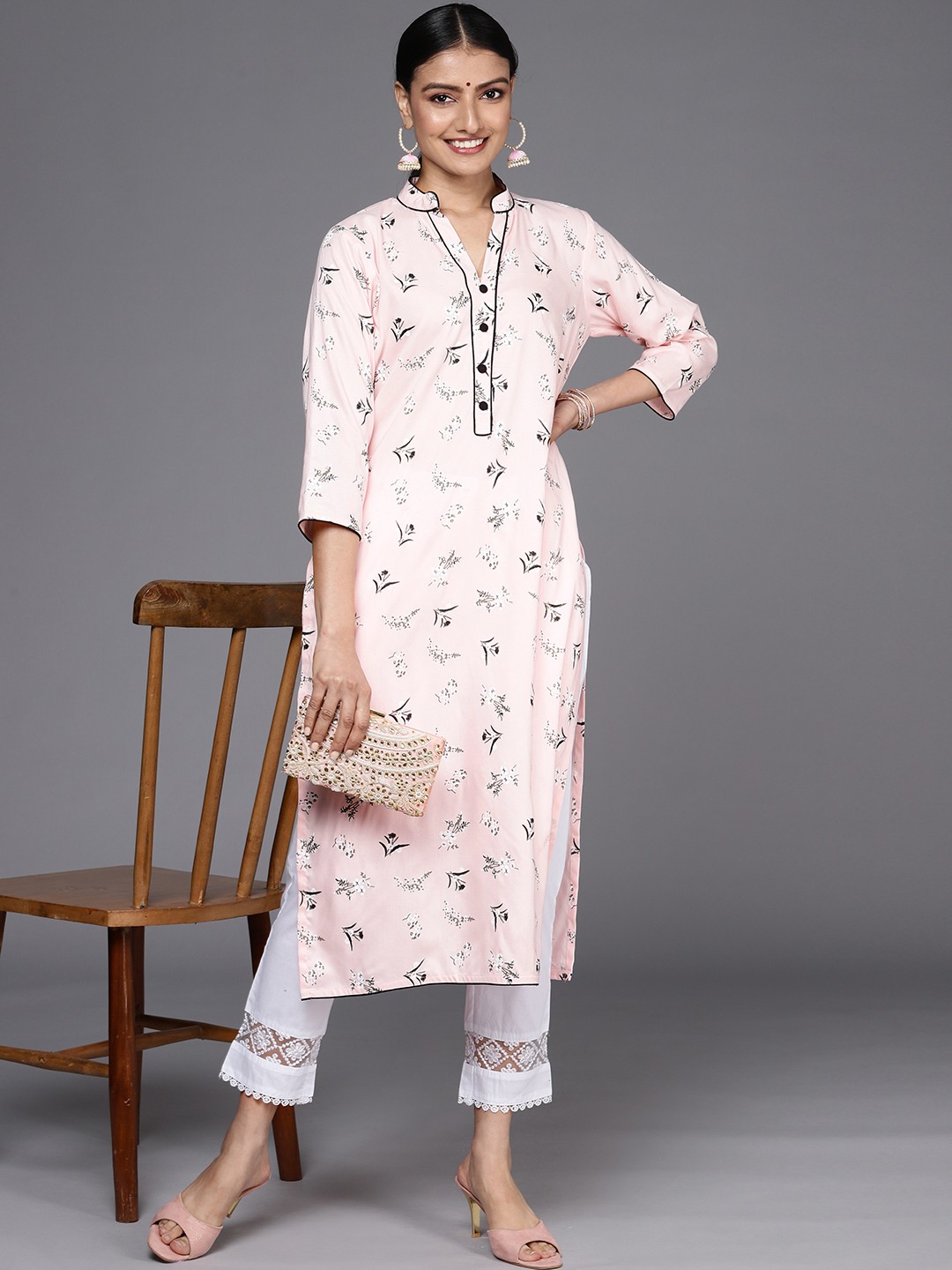 

Libas Women Pink & Black Floral Printed Pure Cotton Kurta