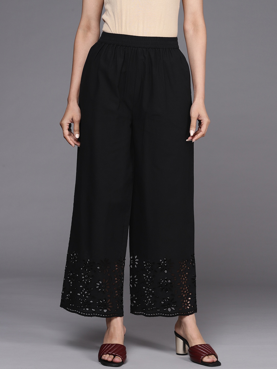 

Libas Women Black Schiffli Detail Pure Cotton Ethnic Palazzos