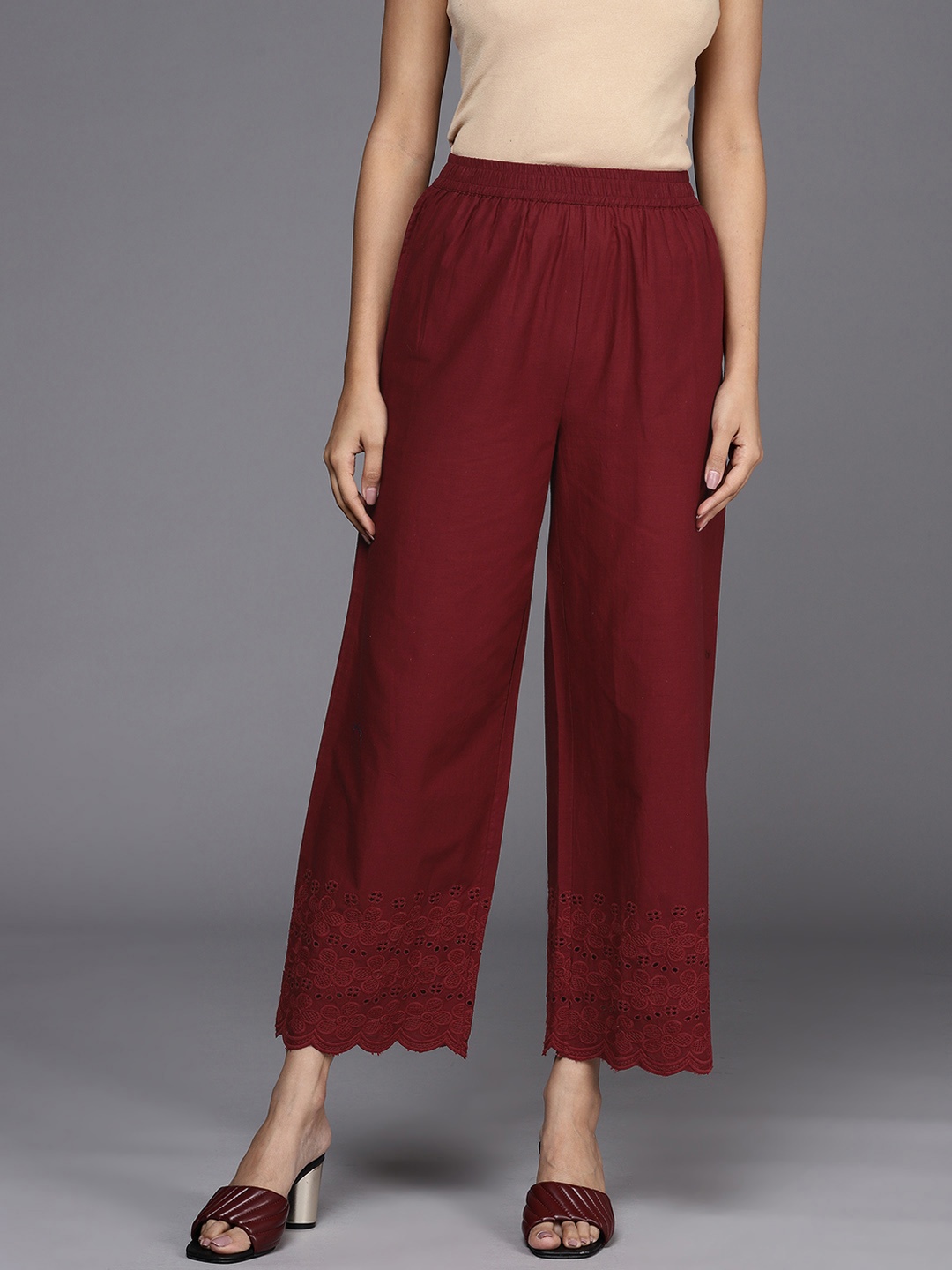 

Libas Women Maroon Floral Hem Design Ethnic Palazzos