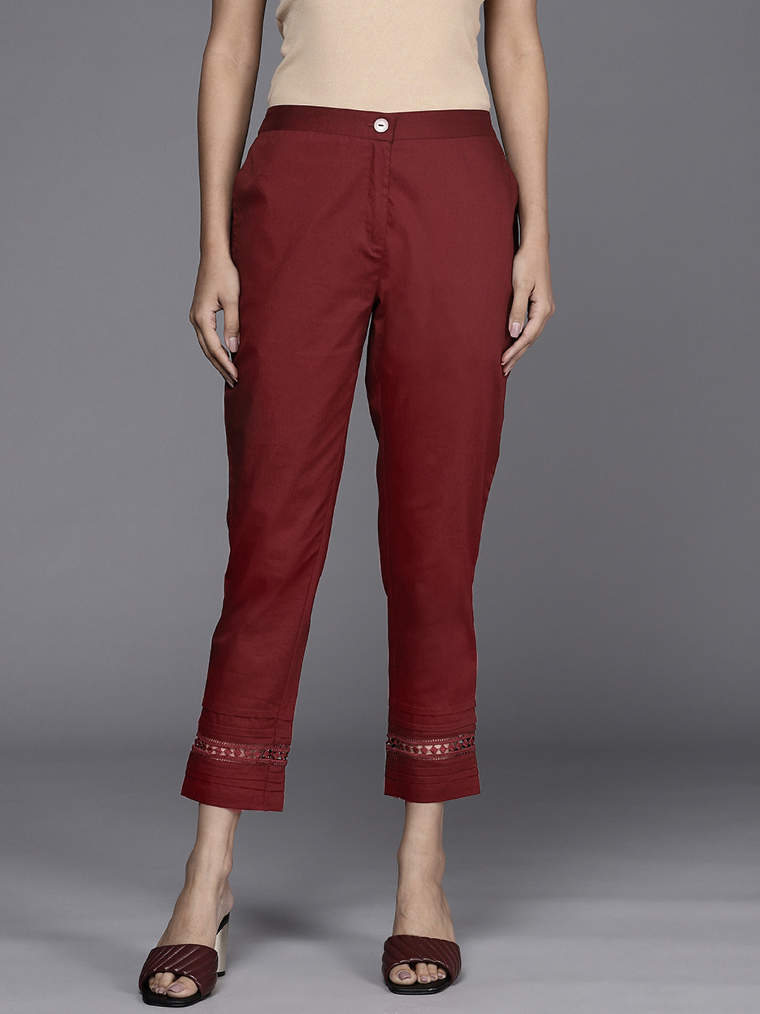 

Libas Women Maroon Solid Straight Fit Pure Cotton Trousers