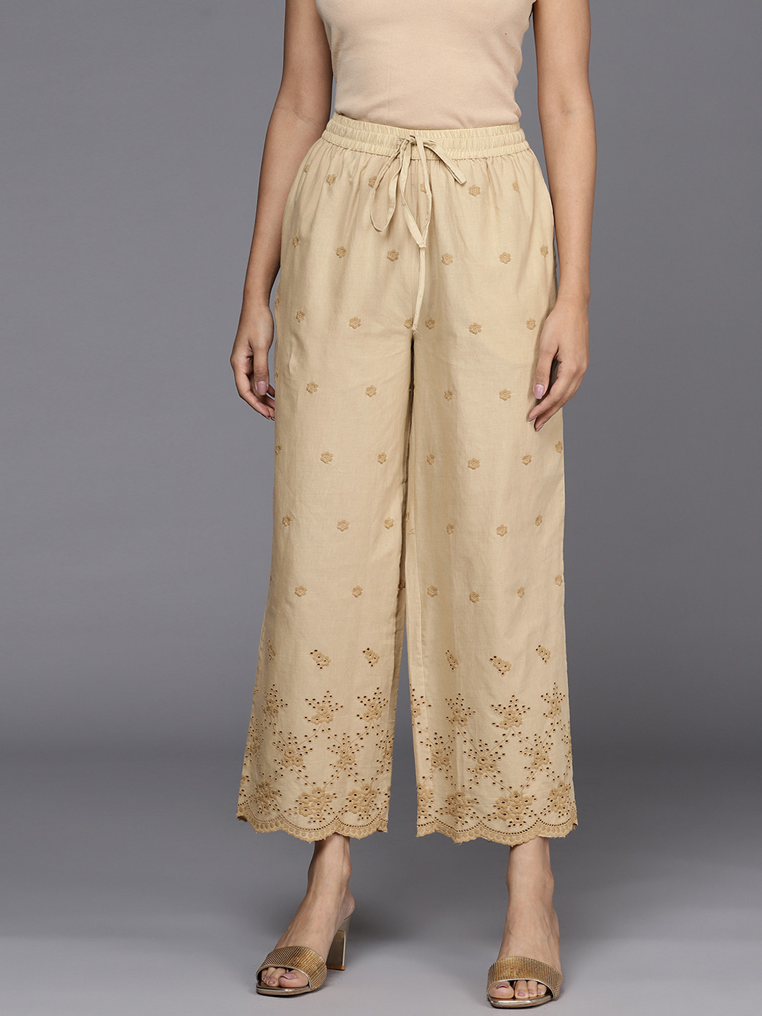 

Libas Women Beige Embroidered Pure Cotton Ethnic Palazzos