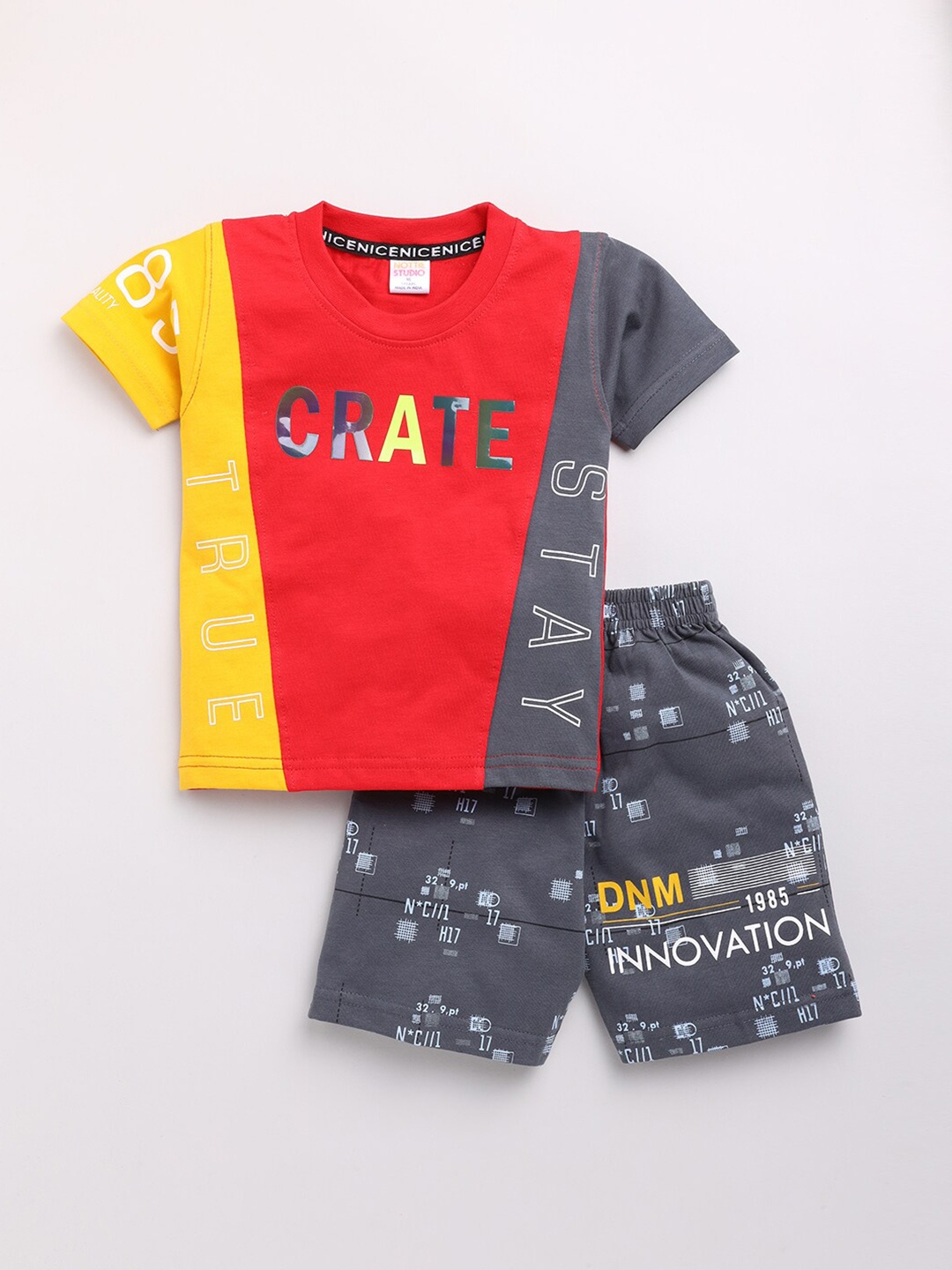 

Nottie Planet Boys Red & Grey Printed Cotton T-shirt with Shorts