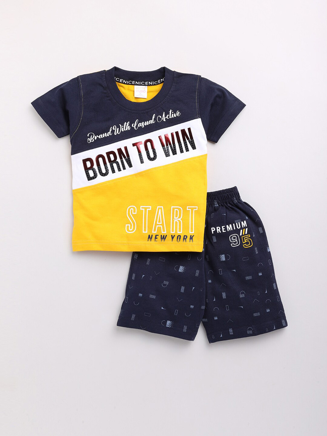 

Nottie Planet Boys Mustard & Black Printed Pure Cotton T-shirt with Shorts