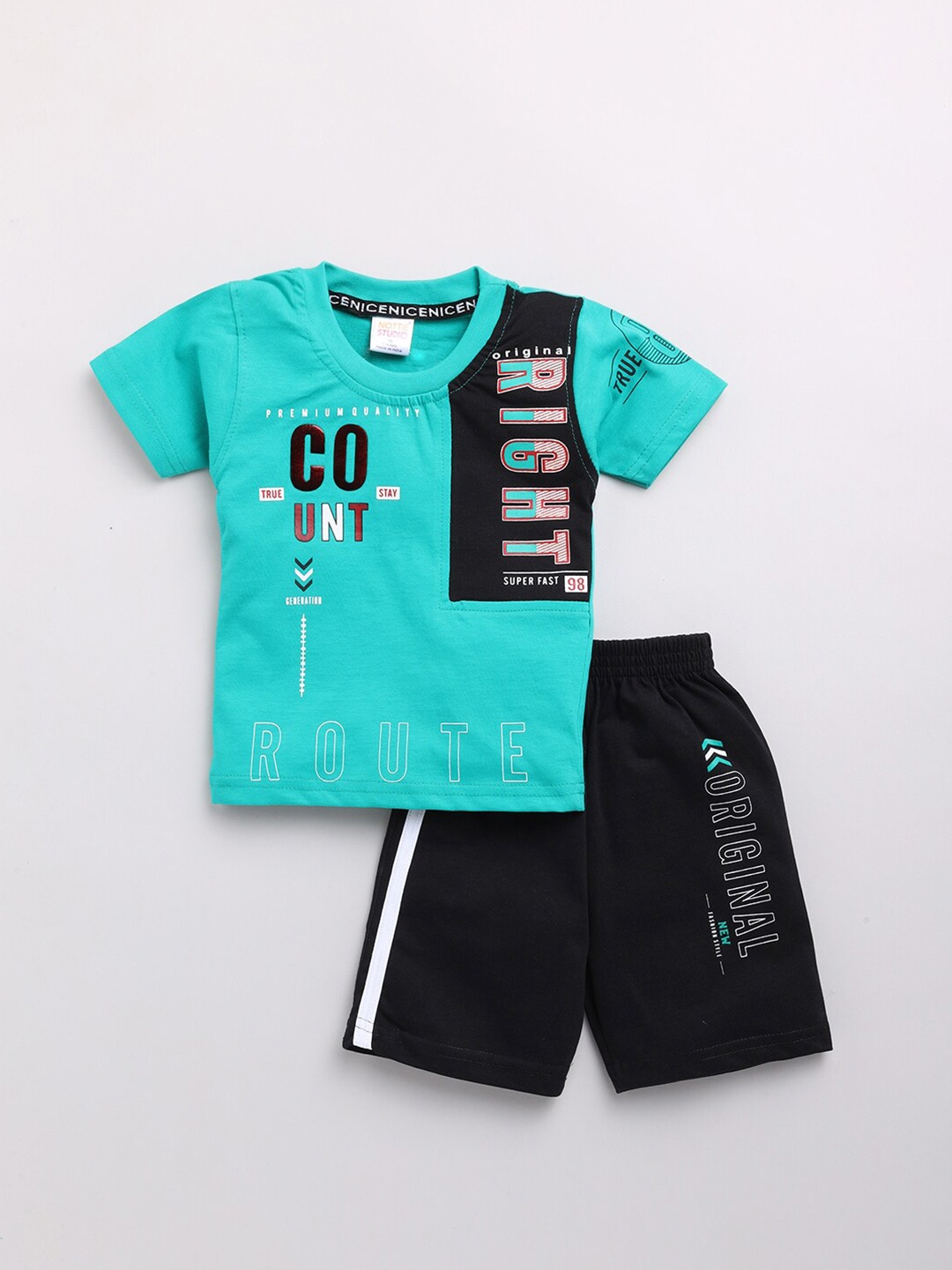 

Nottie Planet Boys Green & Black Printed Pure Cotton T-shirt with Shorts