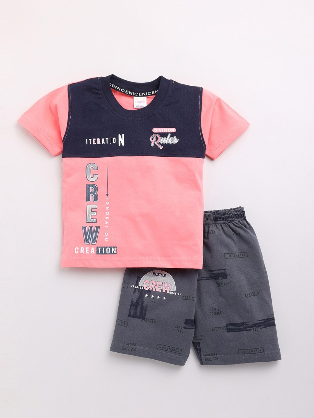 

Nottie Planet Boys Peach-Coloured & Grey Printed Pure Cotton T-shirt with Shorts