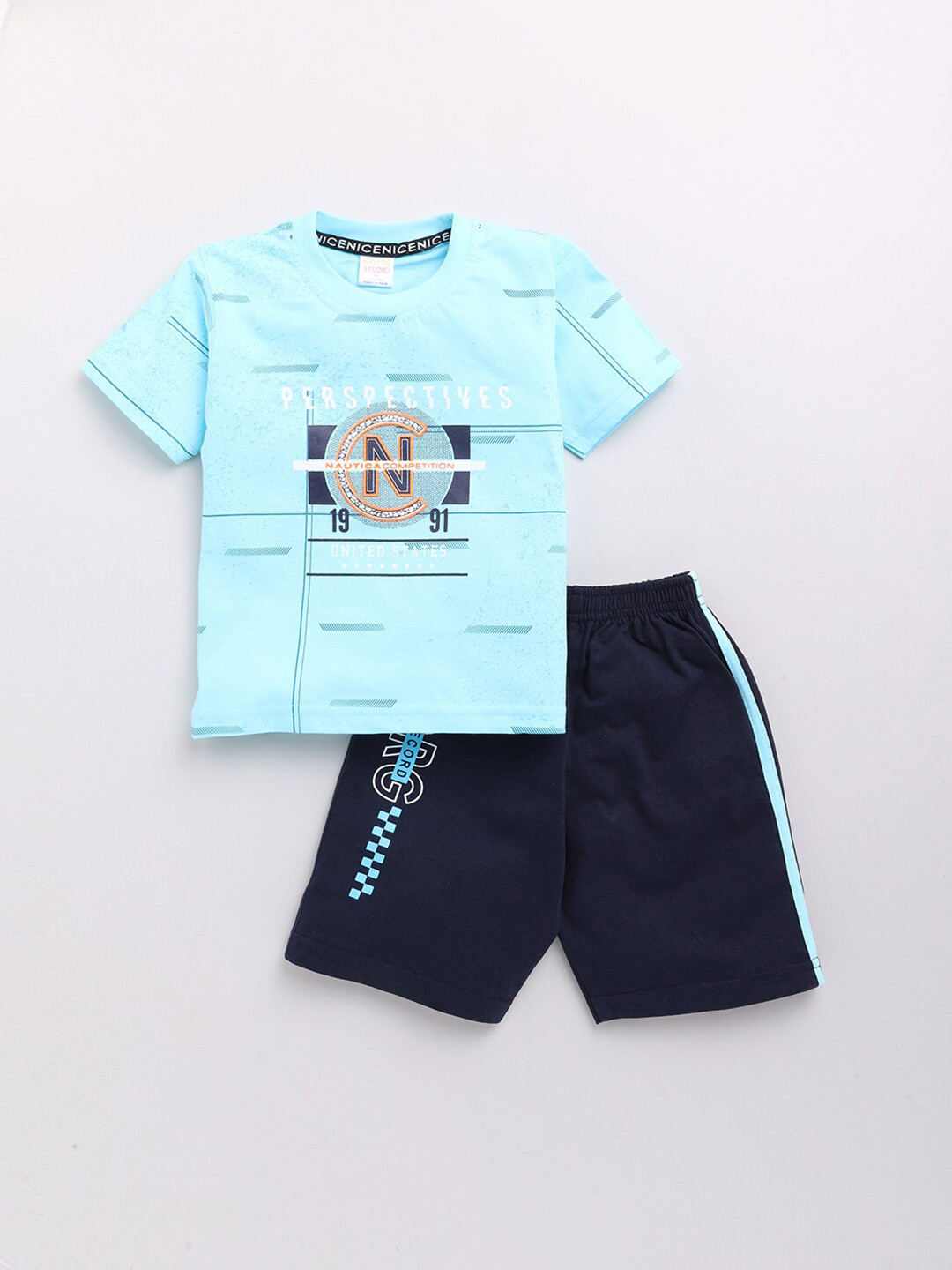 

Nottie Planet Boys Blue & Navy Blue Printed Pure Cotton T-shirt with Shorts