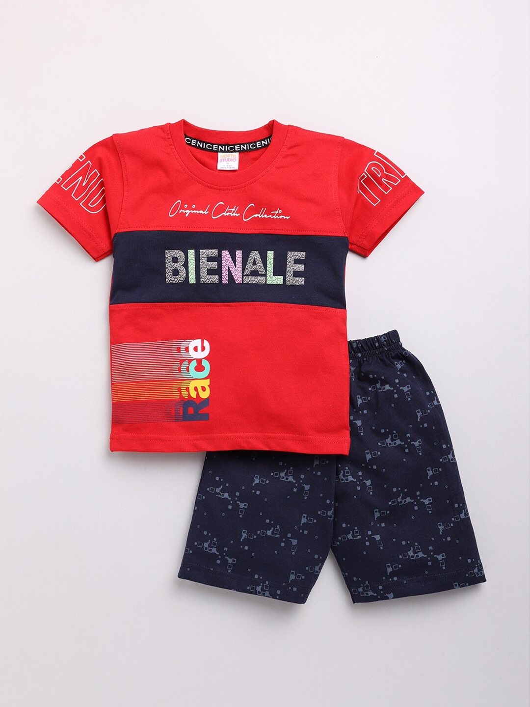 

Nottie Planet Boys Red & Navy Blue Printed Cotton T-shirt with Shorts