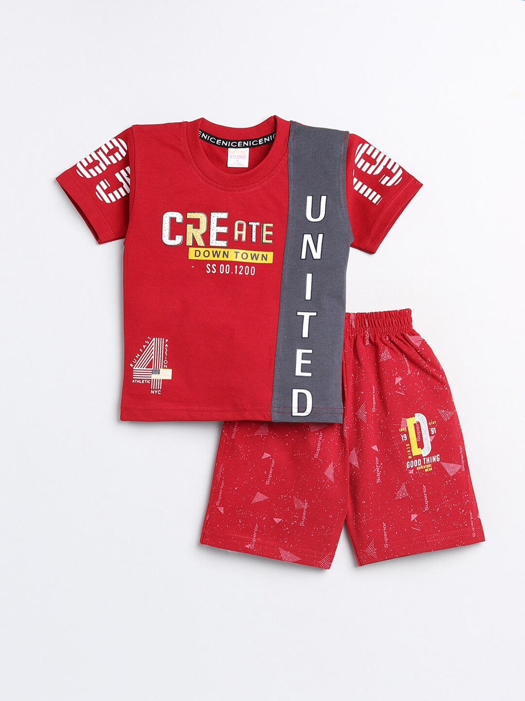 

Nottie Planet Boys Red Printed Pure Cotton T-shirt with Shorts