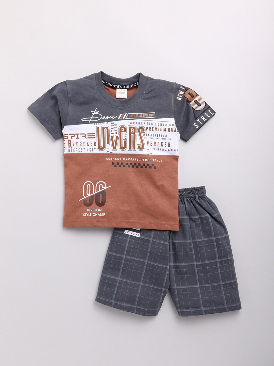 

Nottie Planet Boys Brown & Grey Printed Pure Cotton T-shirt with Shorts