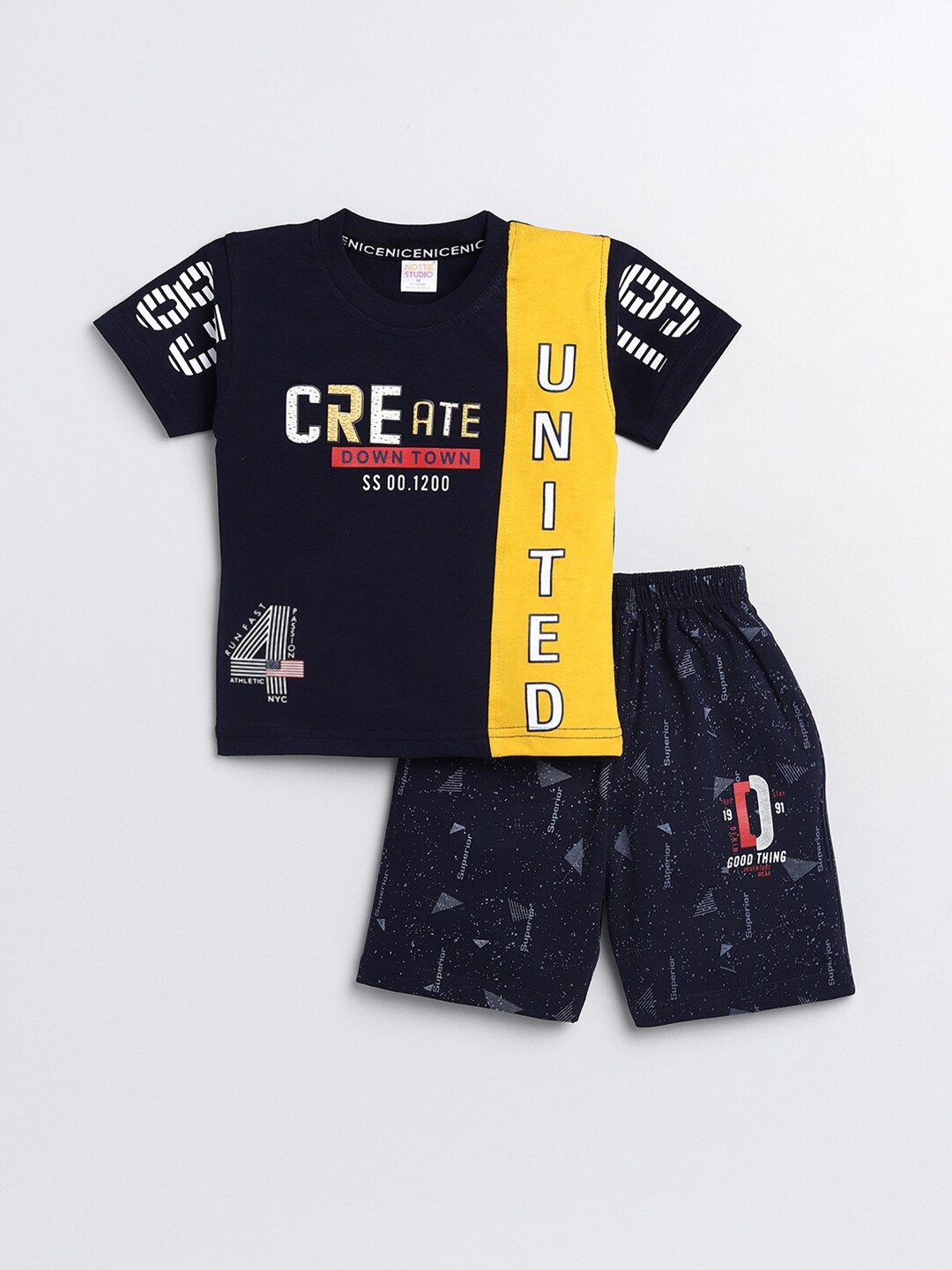

Nottie Planet Boys Navy Blue & Yellow Printed Cotton T-shirt with Shorts