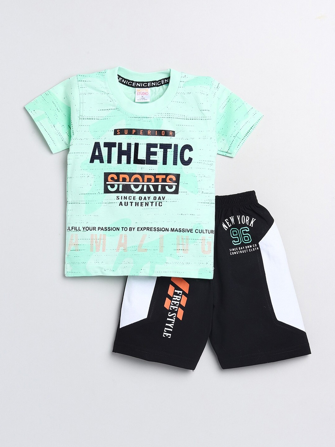 

Nottie Planet Boys Sea Green & Navy Blue Printed Pure Cotton T-shirt with Shorts