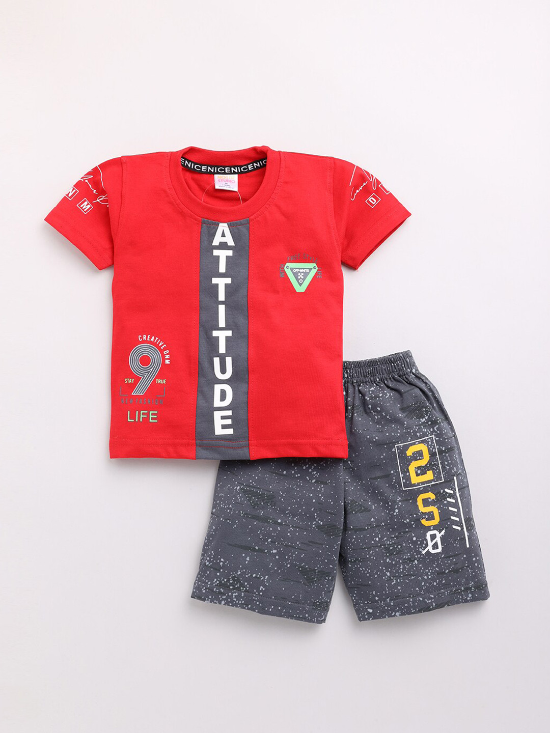 

Nottie Planet Boys Red & Grey Printed Pure Cotton T-shirt with Shorts