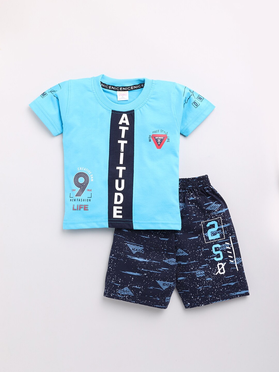 

Nottie Planet Boys Turquoise Blue & Navy Blue Printed Pure Cotton T-shirt with Shorts