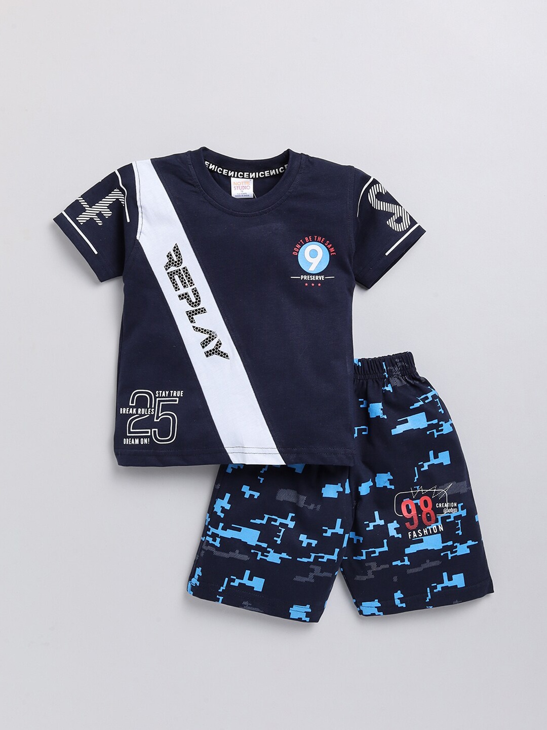 

Nottie Planet Boys Navy Blue & Black Printed Pure Cotton T-shirt with Shorts