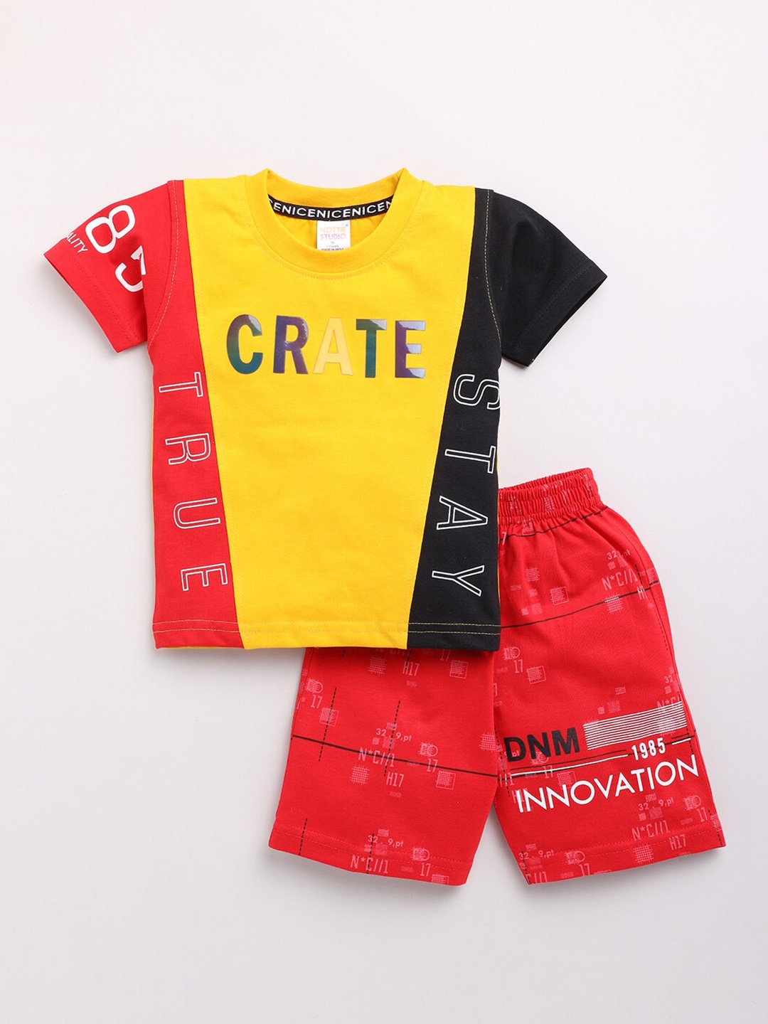 

Nottie Planet Boys Mustard & Red Printed Pure Cotton T-shirt with Shorts