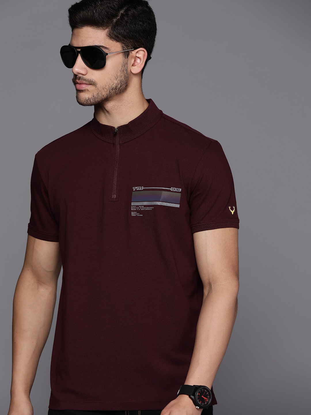 

Allen Solly Tribe Brand Logo Printed Mock Collar T-shirt, Maroon