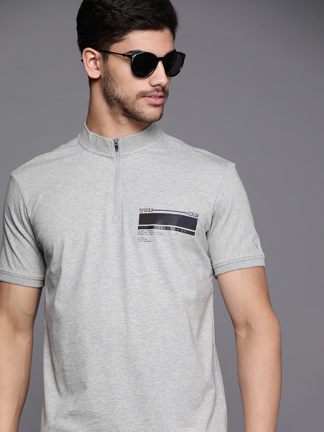 

Allen Solly Tribe Brand Logo Printed Mock Collar T-shirt, Grey melange