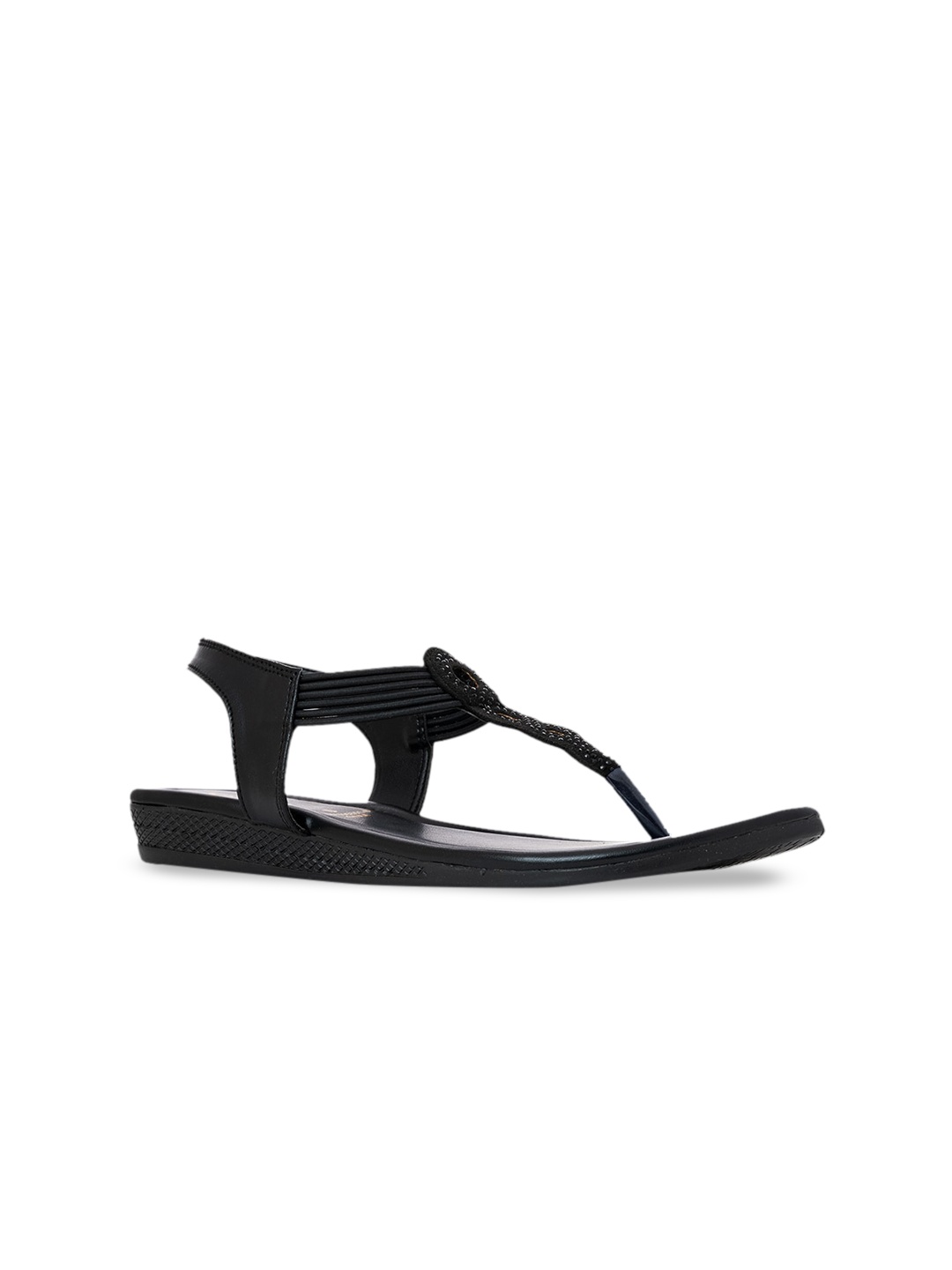 

Khadims Women Black Striped T-Strap Flats with Laser Cuts