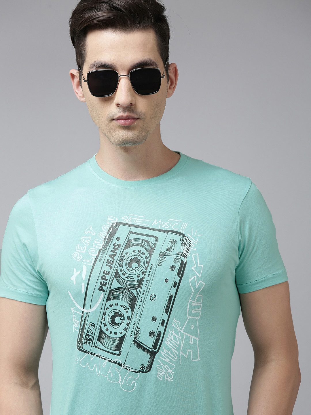 

BEAT LONDON by PEPE JEANS Men Mint Green Printed Pure Cotton Slim Fit T-shirt