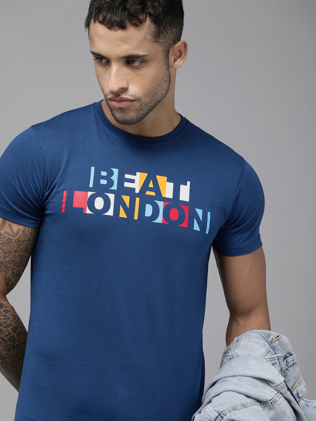 

BEAT LONDON by PEPE JEANS Men Blue Brand Logo Printed Slim Fit T-shirt