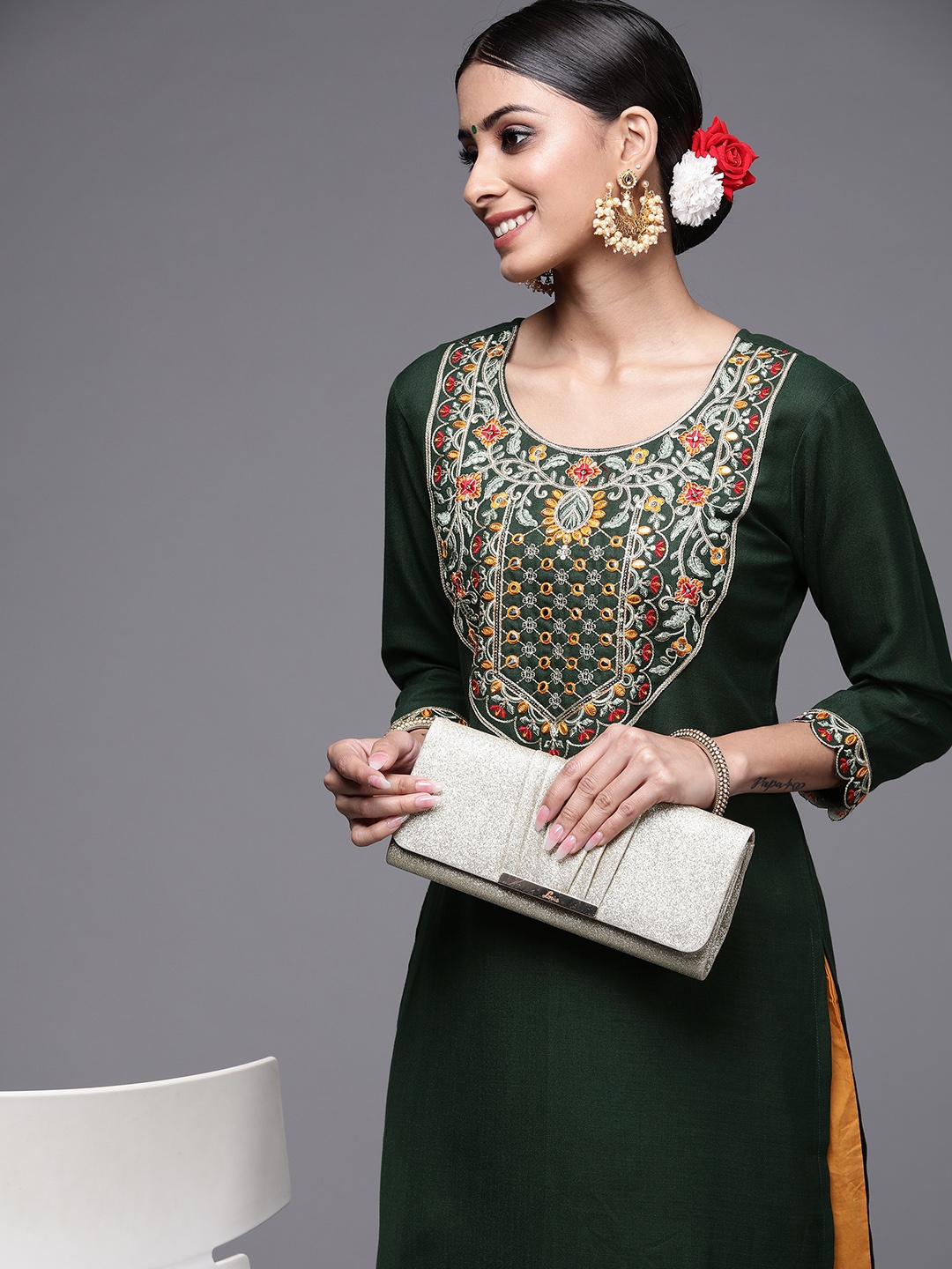 

Indo Era Women Green Ethnic Motifs Yoke Design Mirror Work Kurta
