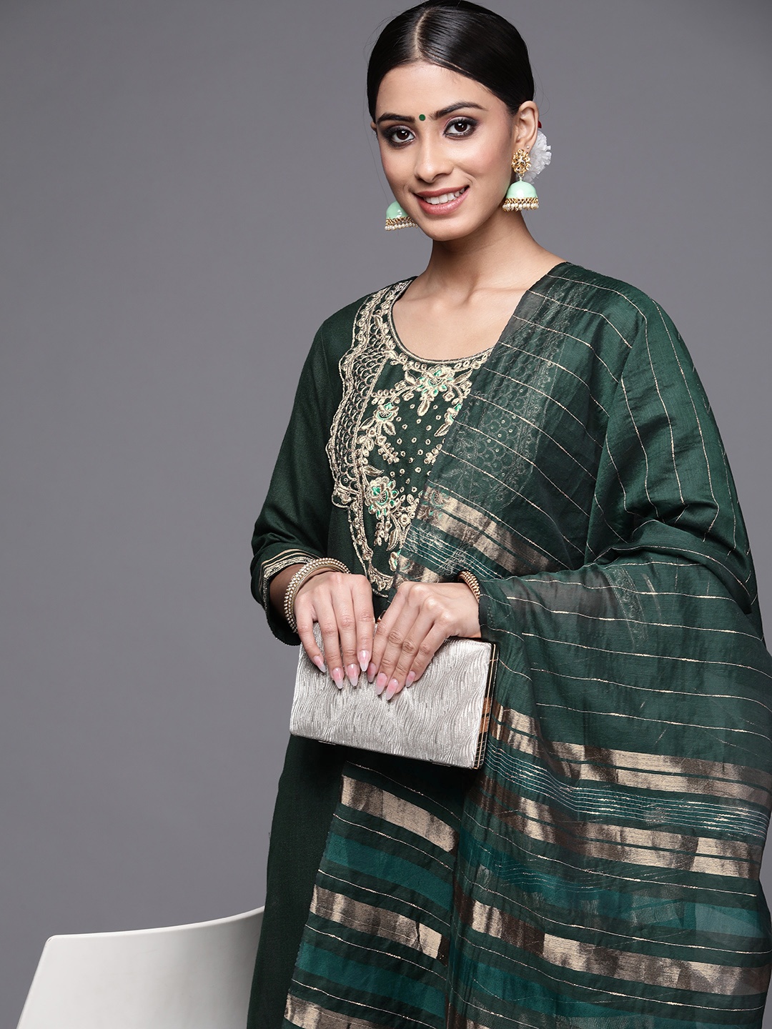 

Indo Era Women Green Yoke Design Sequinned Kurta with Trousers & Dupatta