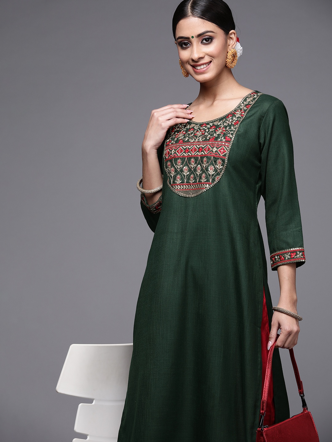 

Indo Era Women Green Ethnic Motifs Yoke Design Kurta