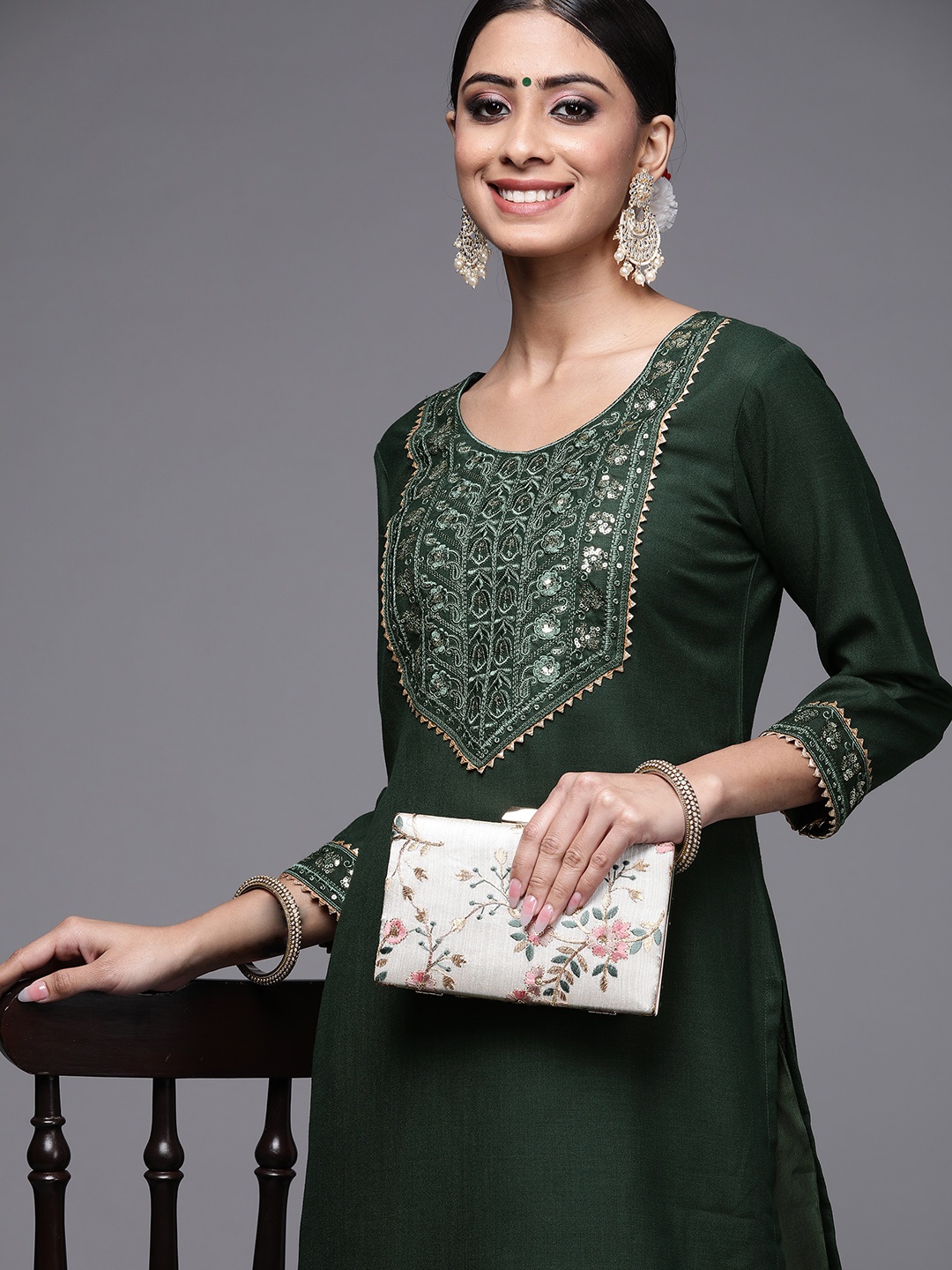 

Indo Era Women Green Ethnic Motifs Yoke Design Kurta