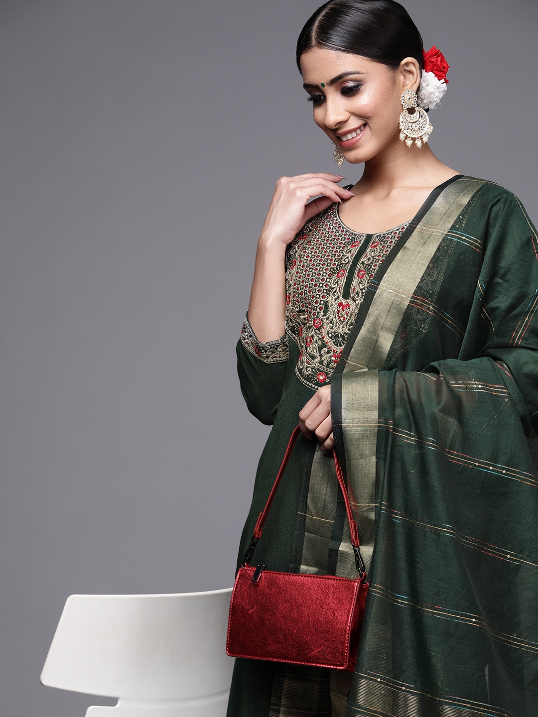 

Indo Era Women Green Yoke Design Sequinned Kurta with Palazzos & Dupatta