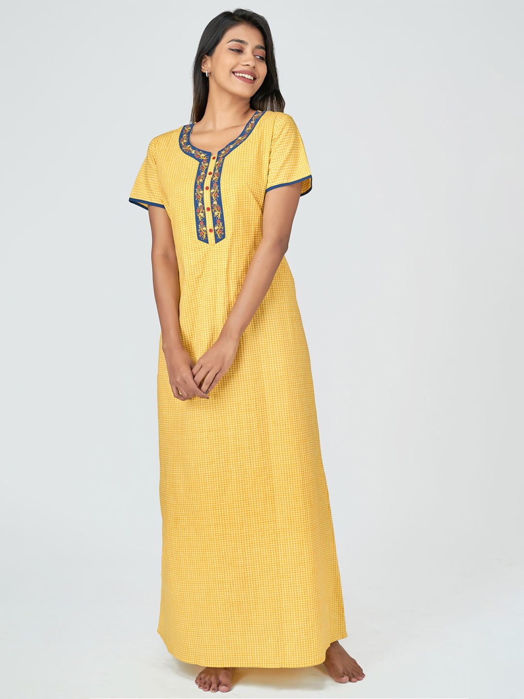 

Maybell Yellow Checked Cotton Maxi Nightdress