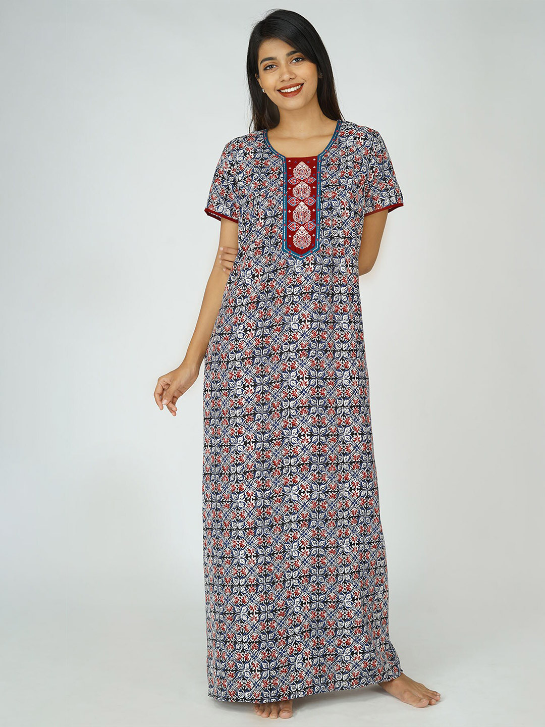 

Maybell Blue Printed Pure Cotton Maxi Nightdress