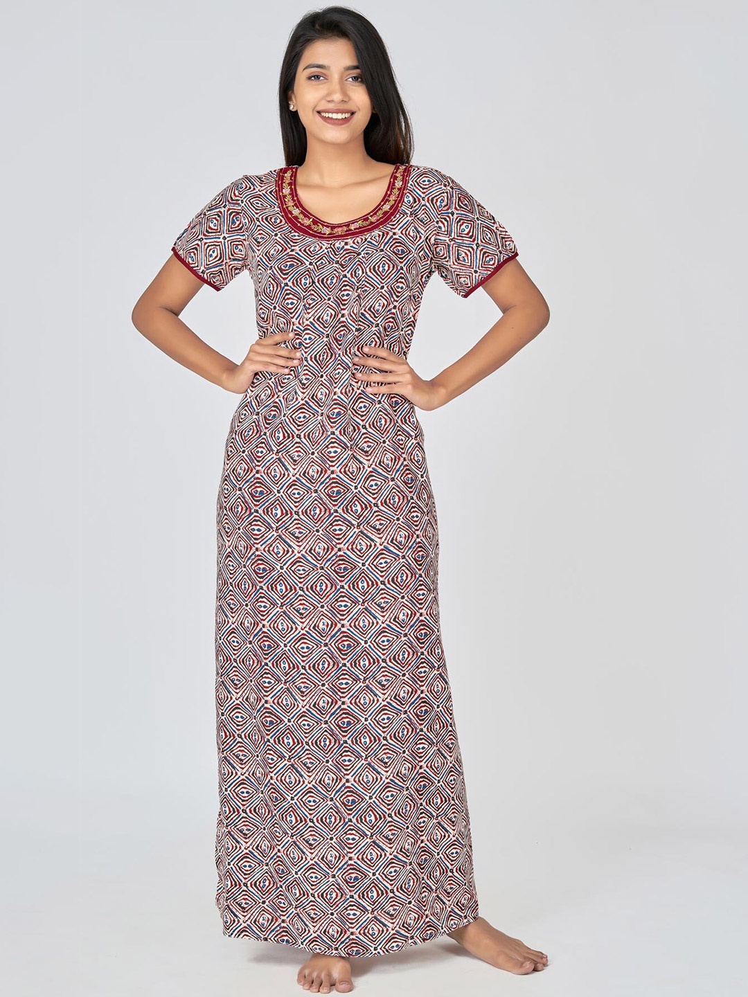 

Maybell Red & White Geometric Printed Pure Cotton Maxi Nightdress