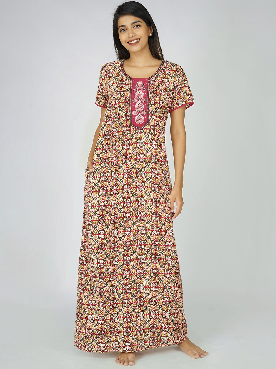 

Maybell Pink & Mustard Printed Cotton Maxi Nightdress